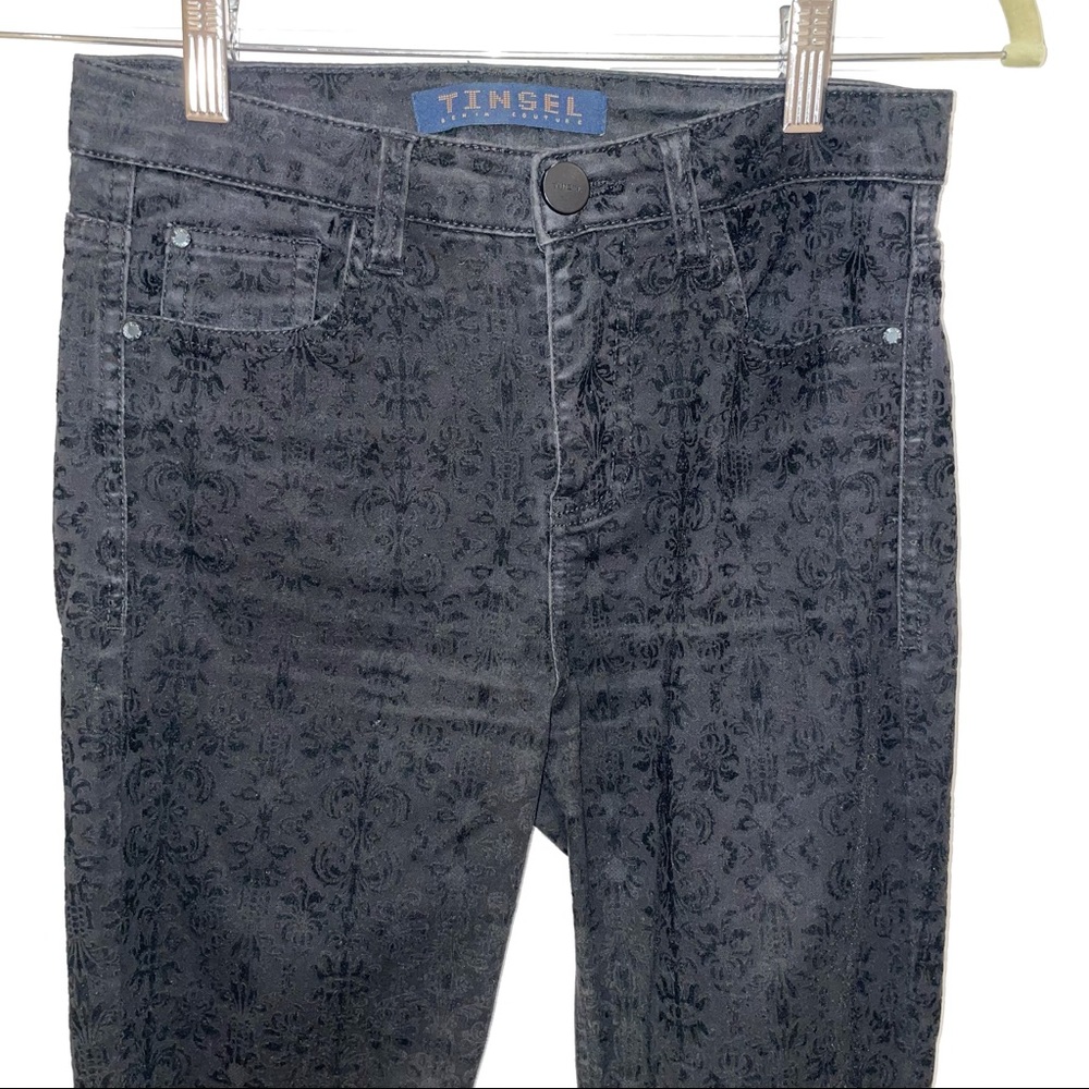 Tinsel black brocade velour high rise skinny jeans